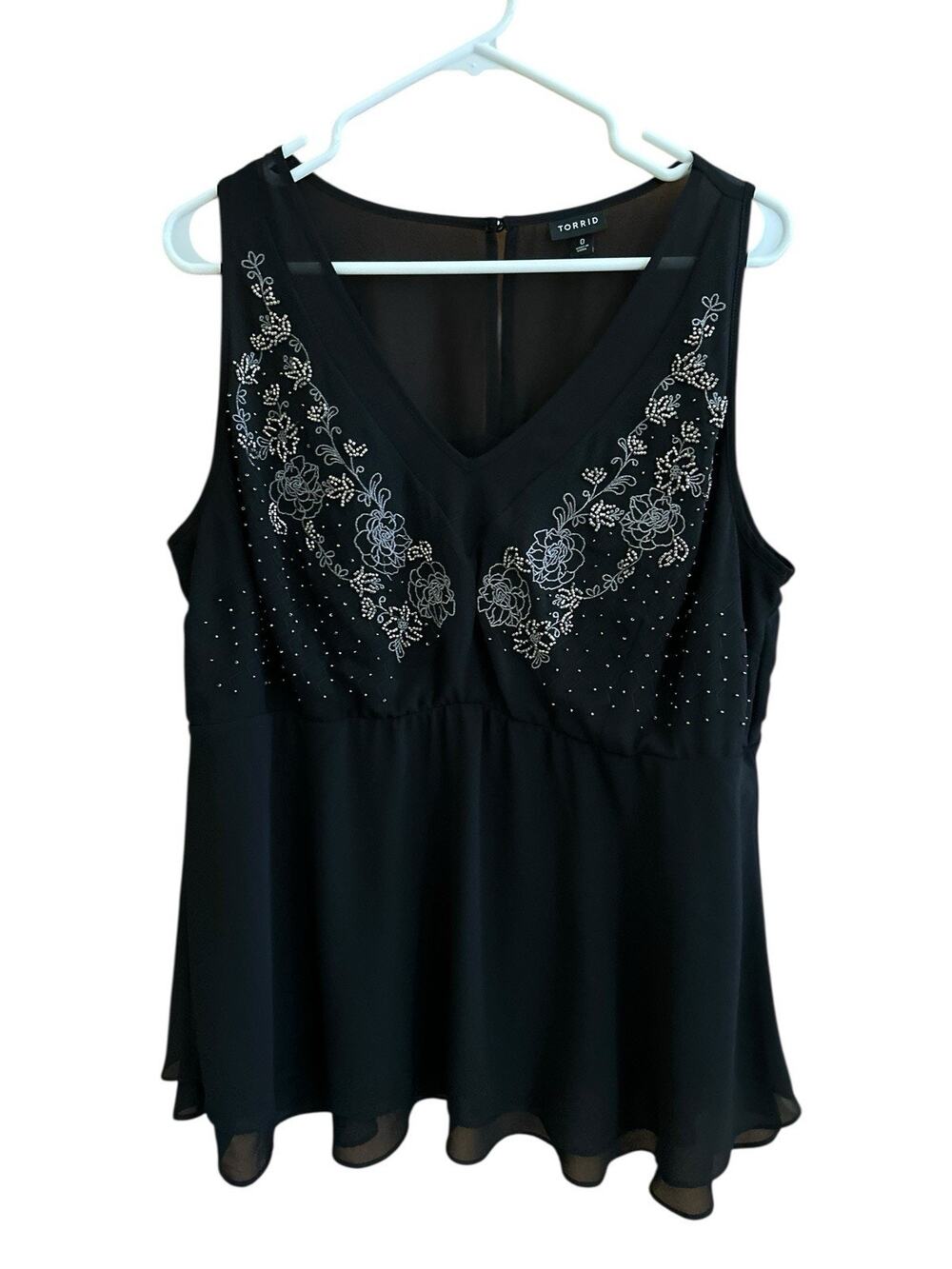 Torrid Blouse Women's Sz 0 Black Tank Beaded Chiffon Peplum Flare V-Neck